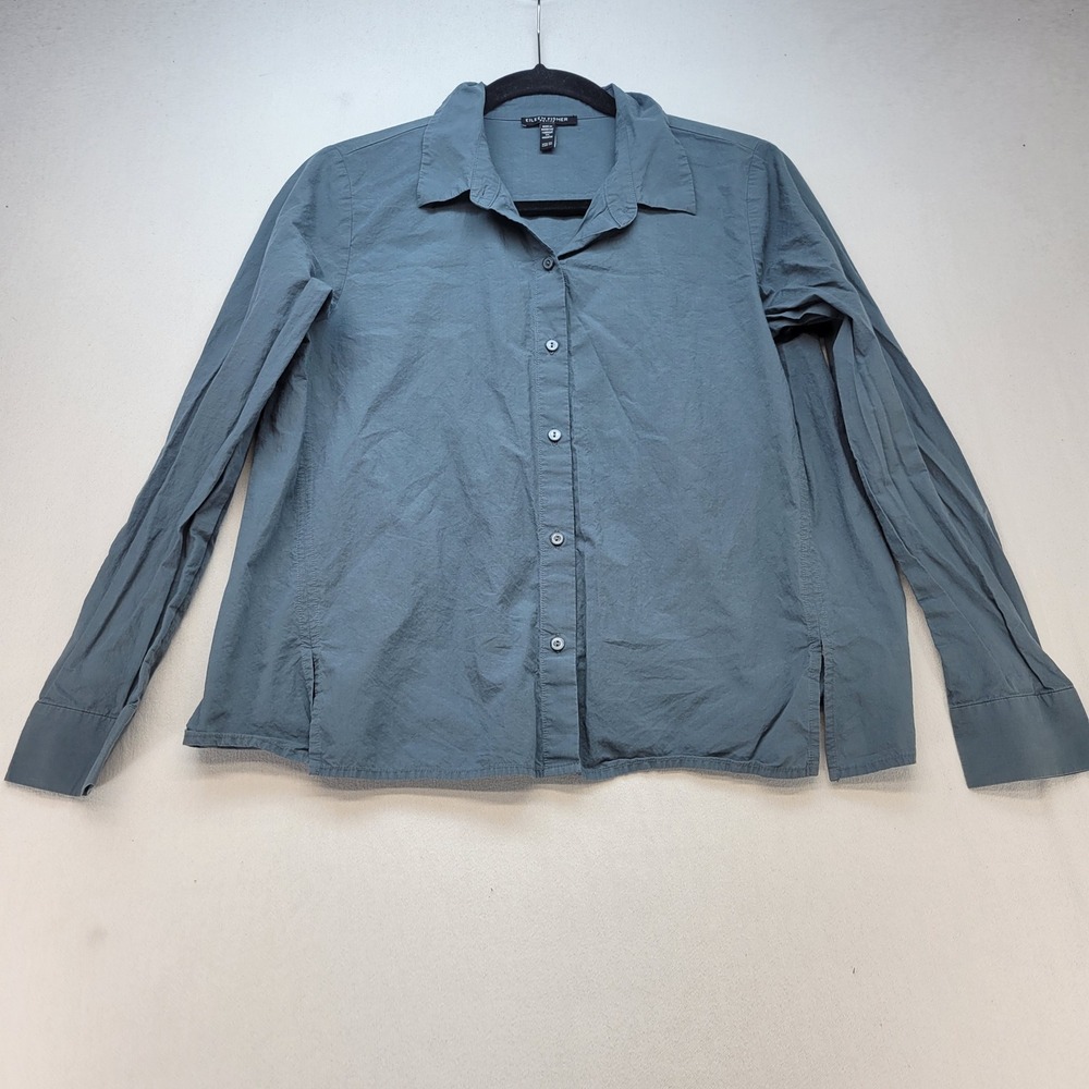Eileen Fisher Boxy Shirt Womens Small Petite Blue Organic Cotton Button Down Top